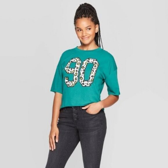 Grayson Threads Womens Crop Top Teal 90 Leopard Print Graphic Tee - Picture 1 of 8